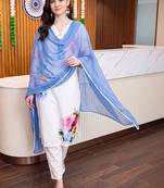 women floral printed regular linen kurta with trousers & with dupatta