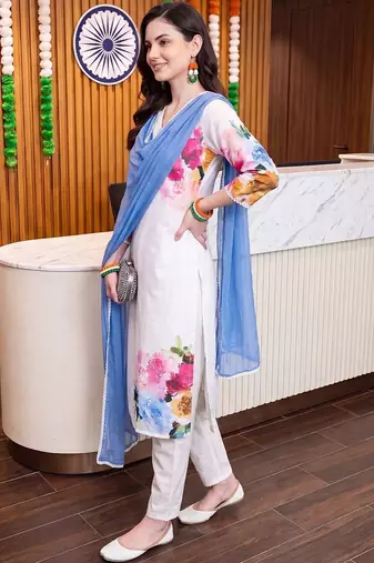 women floral printed regular linen kurta with trousers & with dupatta