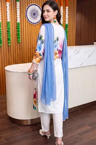 women floral printed regular linen kurta with trousers & with dupatta