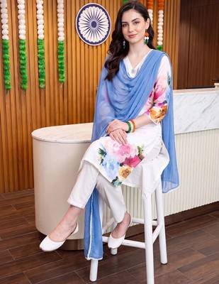 women floral printed regular linen kurta with trousers & with dupatta 5