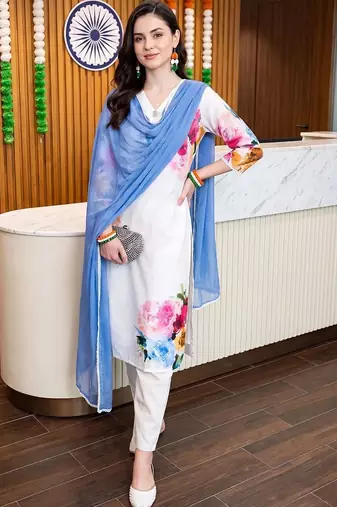 women floral printed regular linen kurta with trousers & with dupatta