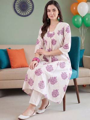 women floral printed empire cotton kurta with trousers 1