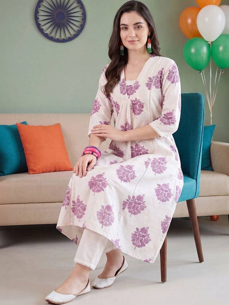 women floral printed empire cotton kurta with trousers