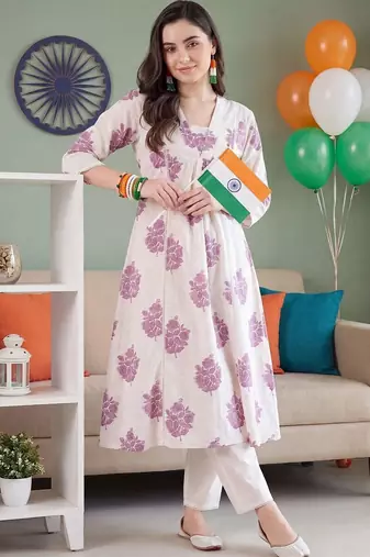 women floral printed empire cotton kurta with trousers