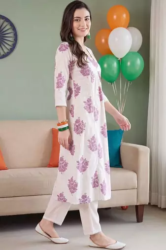 women floral printed empire cotton kurta with trousers