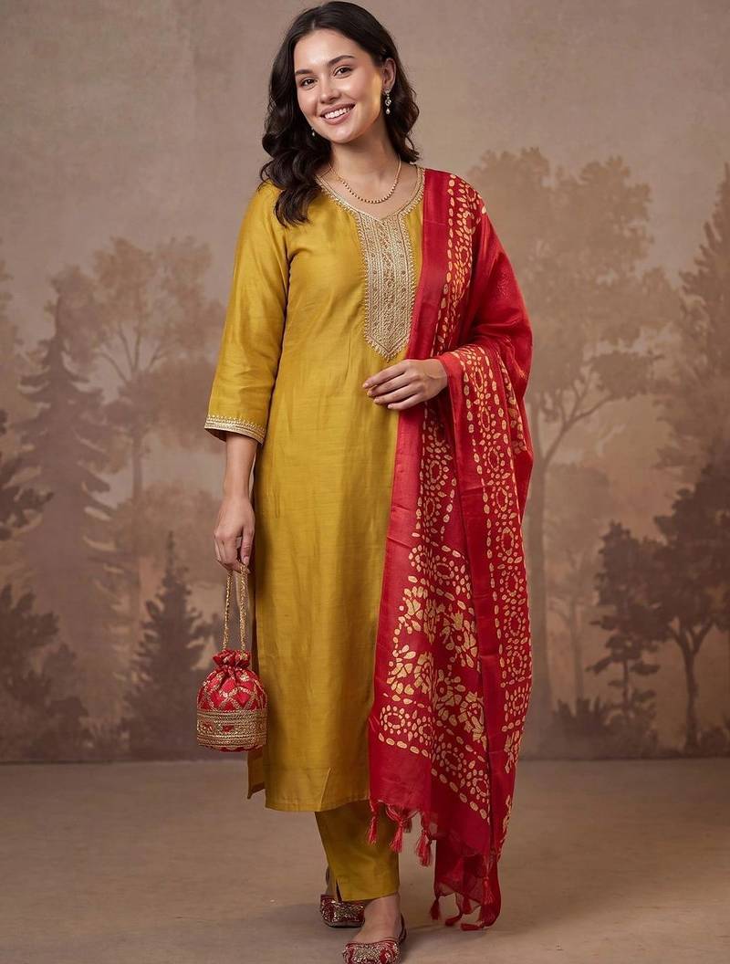 women ethnic motifs regular thread work kurta with trousers & with dupatta