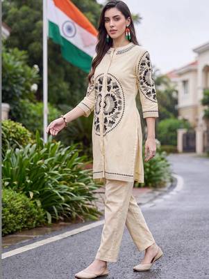 women ethnic motifs embroidered regular thread work cotton kurta with trousers 1