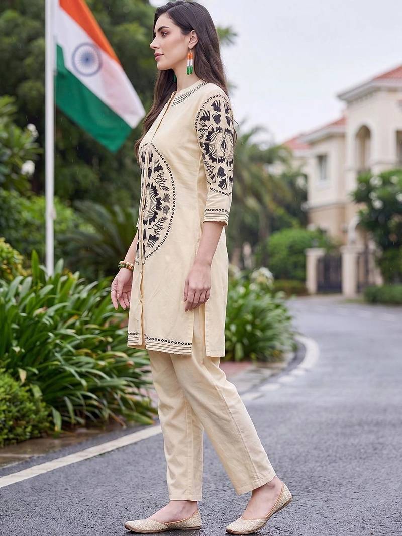 women ethnic motifs embroidered regular thread work cotton kurta with trousers