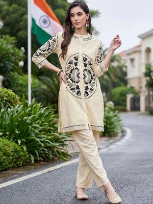 women ethnic motifs embroidered regular thread work cotton kurta with trousers 6