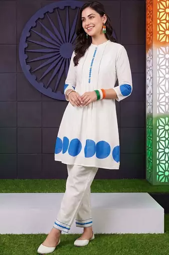 women printed regular cotton kurta with trousers