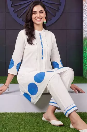 women printed regular cotton kurta with trousers