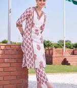 women ethnic motifs printed regular cotton kurta with trousers