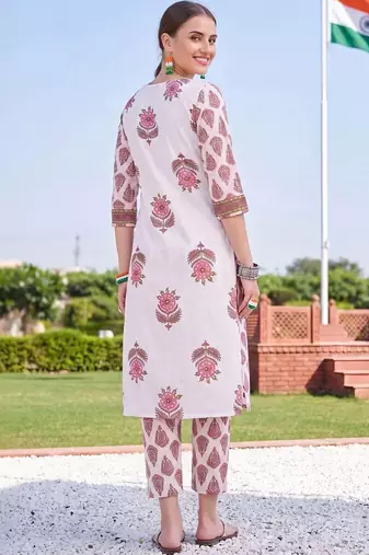 women ethnic motifs printed regular cotton kurta with trousers