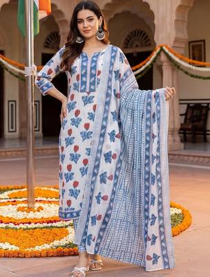 women floral printed regular cotton kurta with trousers & with dupatta 1