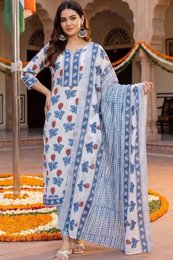 women floral printed regular cotton kurta with trousers & with dupatta