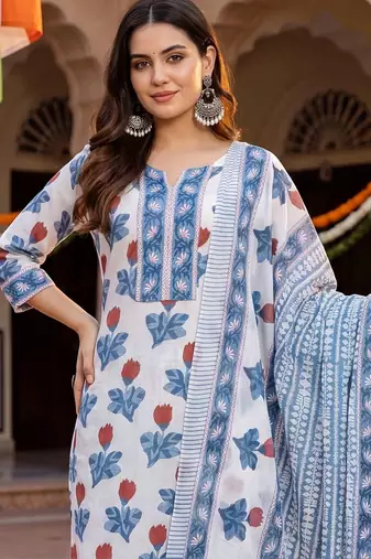 women floral printed regular cotton kurta with trousers & with dupatta