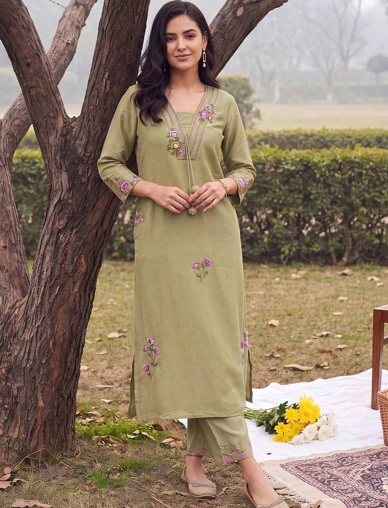 women floral embroidered regular thread work kurta with trousers