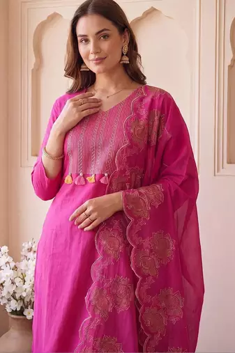 women ethnic motifs embroidered regular thread work cotton kurta with trousers & with dupatta