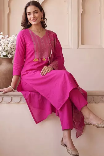 women ethnic motifs embroidered regular thread work cotton kurta with trousers & with dupatta