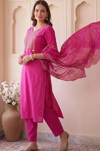 women ethnic motifs embroidered regular thread work cotton kurta with trousers & with dupatta