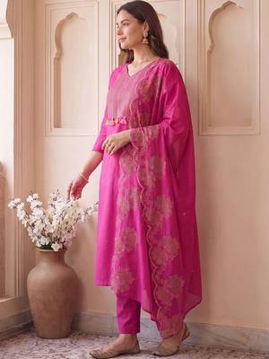 women ethnic motifs embroidered regular thread work cotton kurta with trousers & with dupatta 5