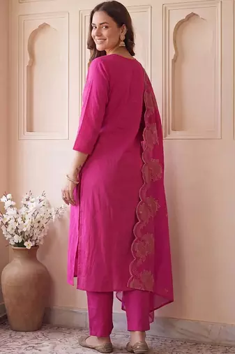 women ethnic motifs embroidered regular thread work cotton kurta with trousers & with dupatta