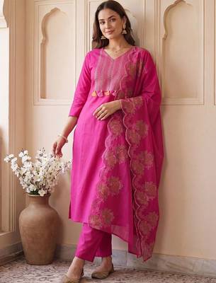 women ethnic motifs embroidered regular thread work cotton kurta with trousers & with dupatta 1