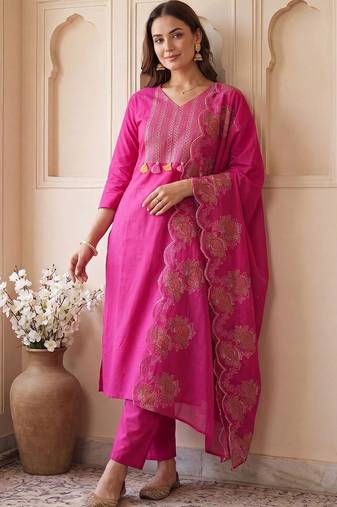 women ethnic motifs embroidered regular thread work cotton kurta with trousers & with dupatta
