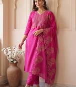 women ethnic motifs embroidered regular thread work cotton kurta with trousers & with dupatta