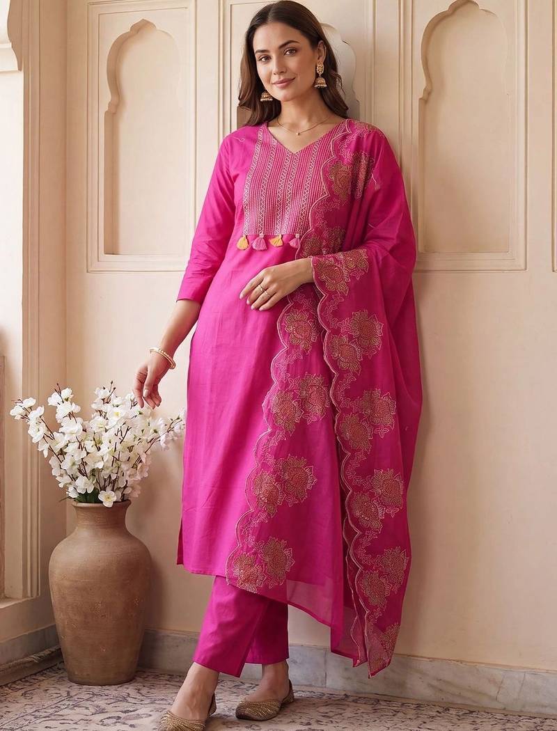 women ethnic motifs embroidered regular thread work cotton kurta with trousers & with dupatta