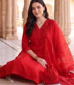 women ethnic motifs embroidered regular thread work kurta with trousers & with dupatta