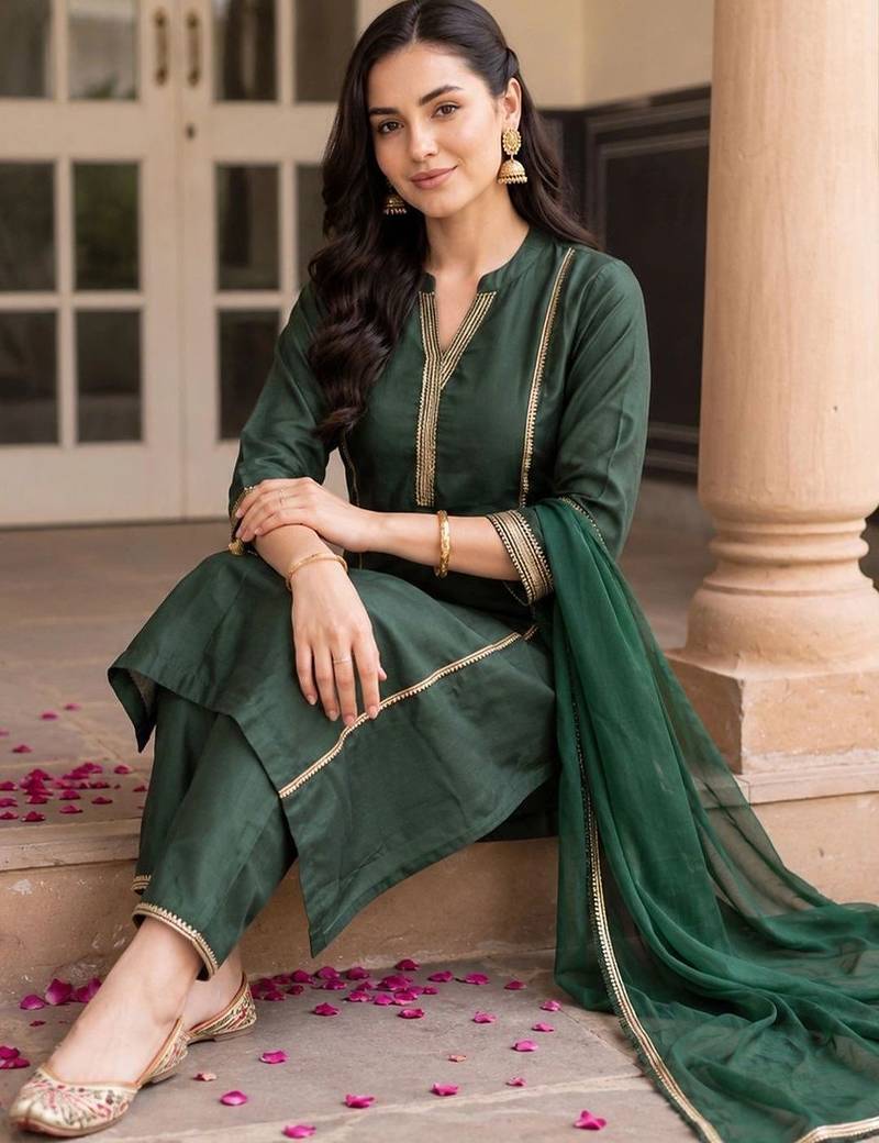 women regular gotta patti liva kurta with trousers & with dupatta