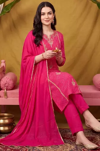women ethnic motifs printed regular thread work kurta with trousers & with dupatta