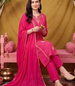 women ethnic motifs printed regular thread work kurta with trousers & with dupatta