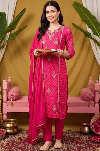 women ethnic motifs printed regular thread work kurta with trousers & with dupatta