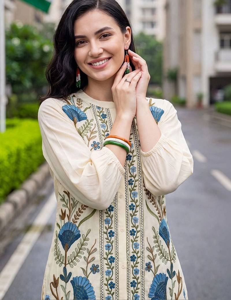 women floral embroidered regular thread work cotton kurta with trousers