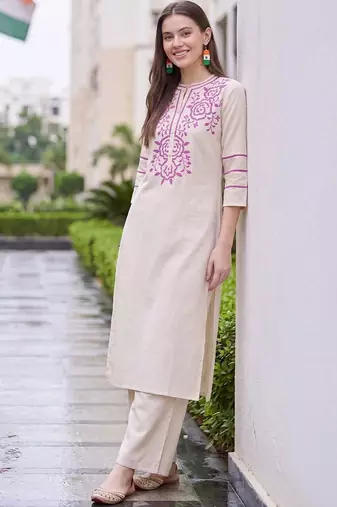 women ethnic motifs embroidered regular thread work kurta with palazzos
