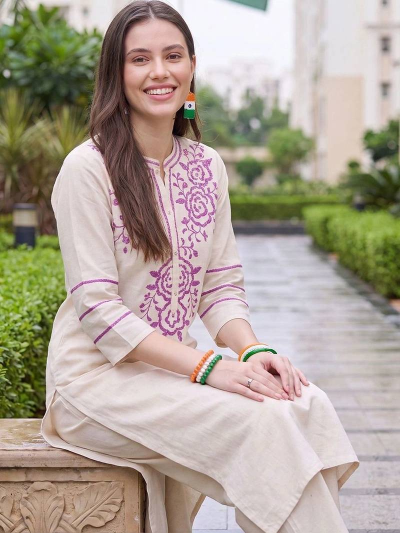 women ethnic motifs embroidered regular thread work kurta with palazzos