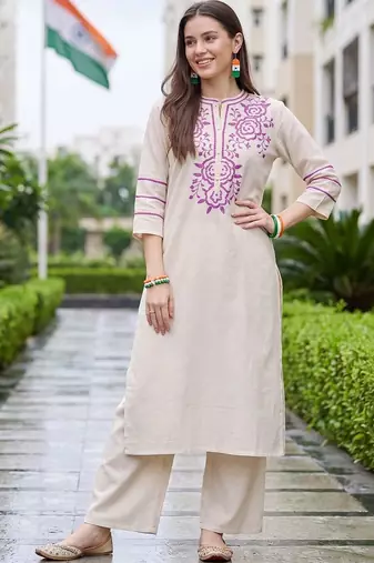 women ethnic motifs embroidered regular thread work kurta with palazzos