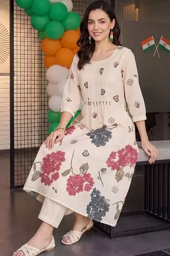 women floral printed regular cotton kurta with trousers