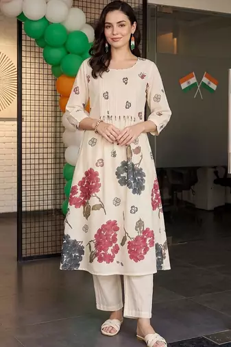 women floral printed regular cotton kurta with trousers