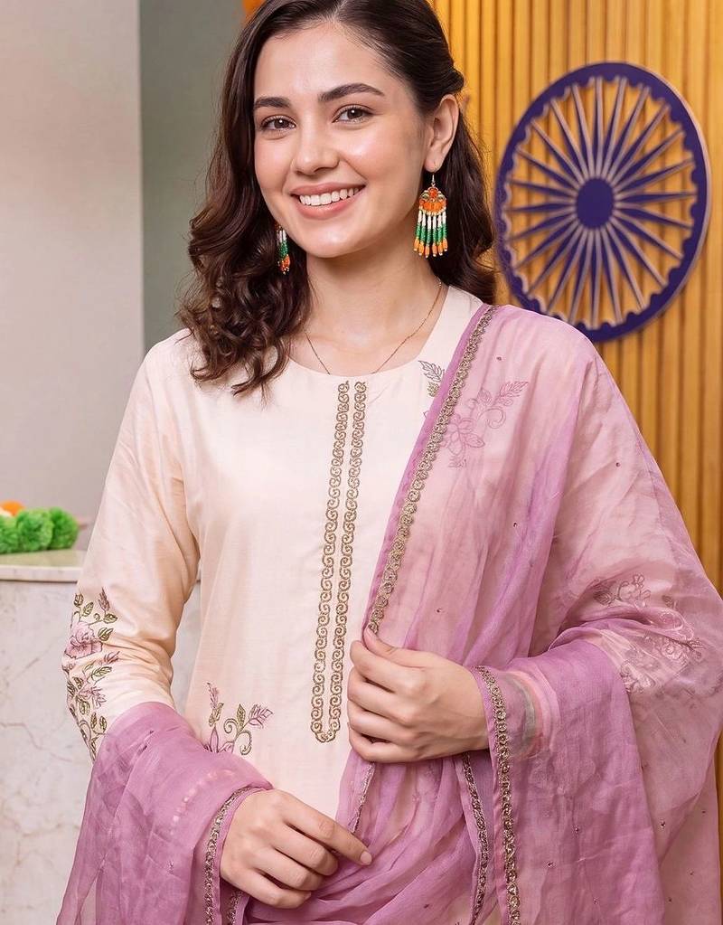 women floral embroidered regular thread work kurta with trousers & with dupatta