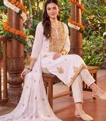 women ethnic motifs embroidered regular thread work kurta with trousers & with dupatta