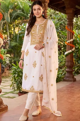 women ethnic motifs embroidered regular thread work kurta with trousers & with dupatta