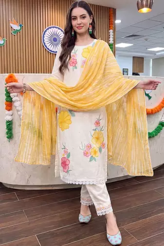 wome women floral regular thread work kurta with trousers & with dupatta