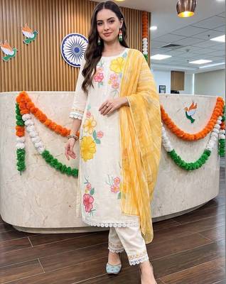 wome women floral regular thread work kurta with trousers & with dupatta 6