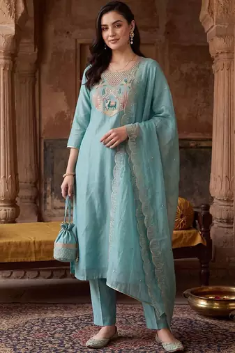 women ethnic motifs embroidered regular thread work kurta with trousers & with dupatta