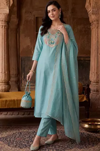 women ethnic motifs embroidered regular thread work kurta with trousers & with dupatta