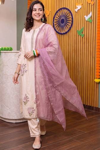 women floral embroidered regular thread work kurta with trousers & with dupatta