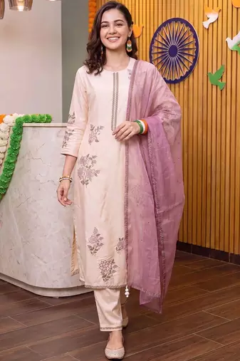 women floral embroidered regular thread work kurta with trousers & with dupatta